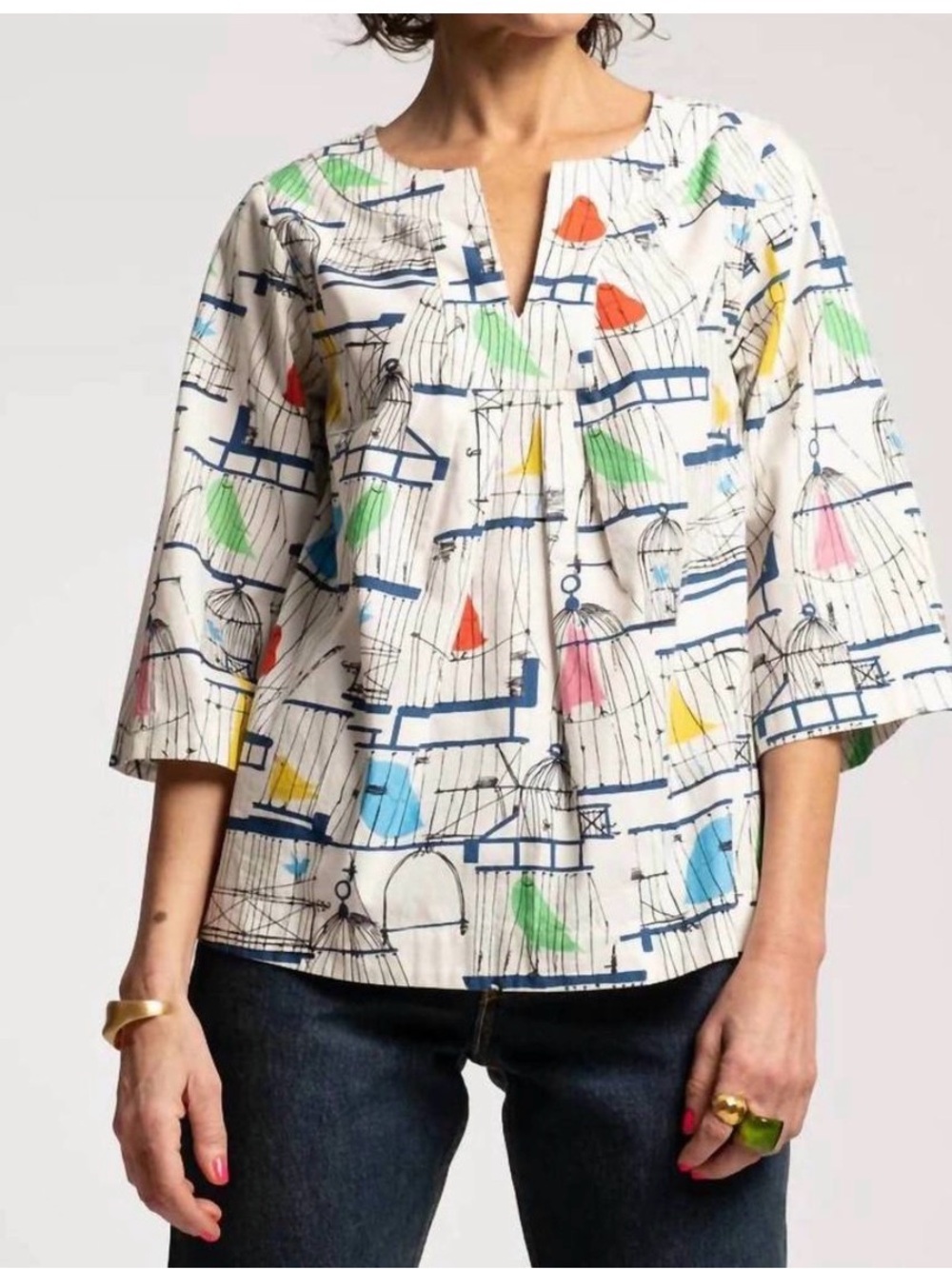 Frances Valentine Cotton Poplin Easy Top Tunic La Cage Bird Print Size XS NWT